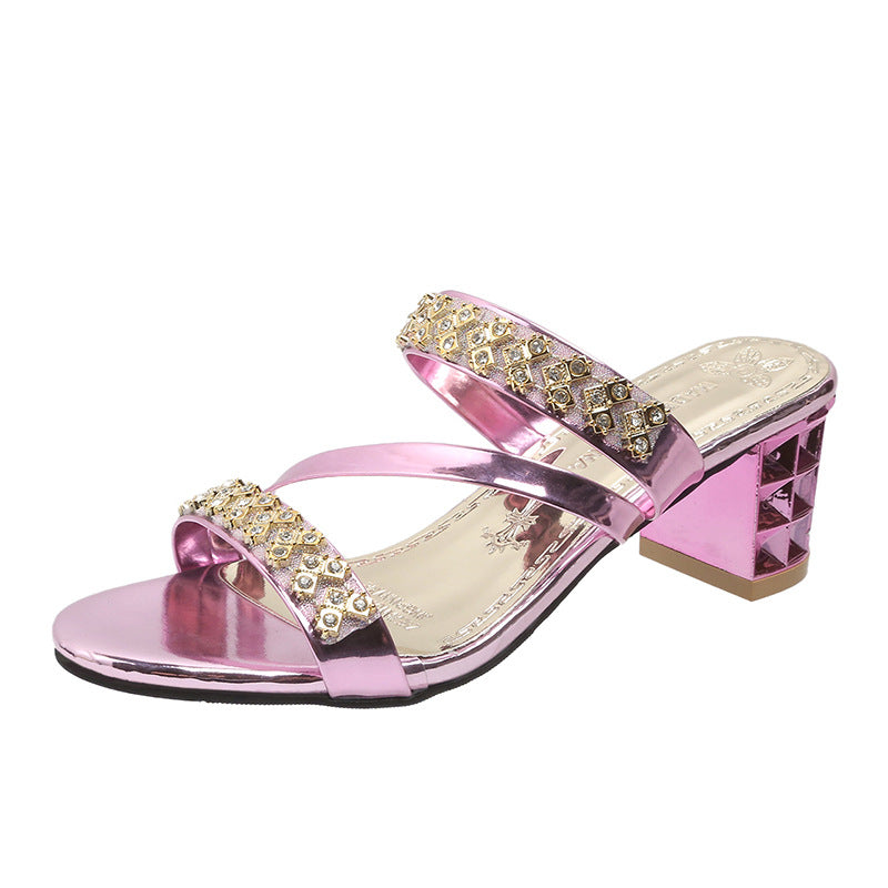 Sandaler med blokkhæl for kvinner med utsmykning av rhinestone