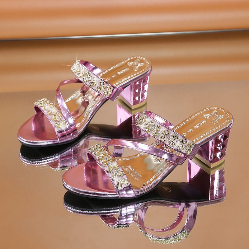 Sandaler med blokkhæl for kvinner med utsmykning av rhinestone