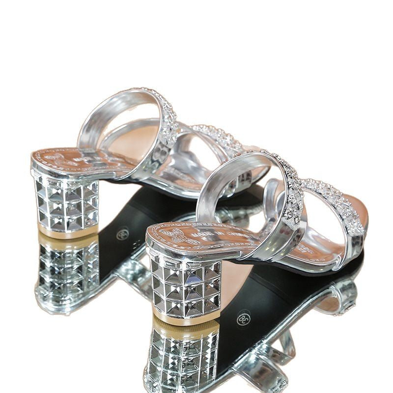 Sandaler med blokkhæl for kvinner med utsmykning av rhinestone