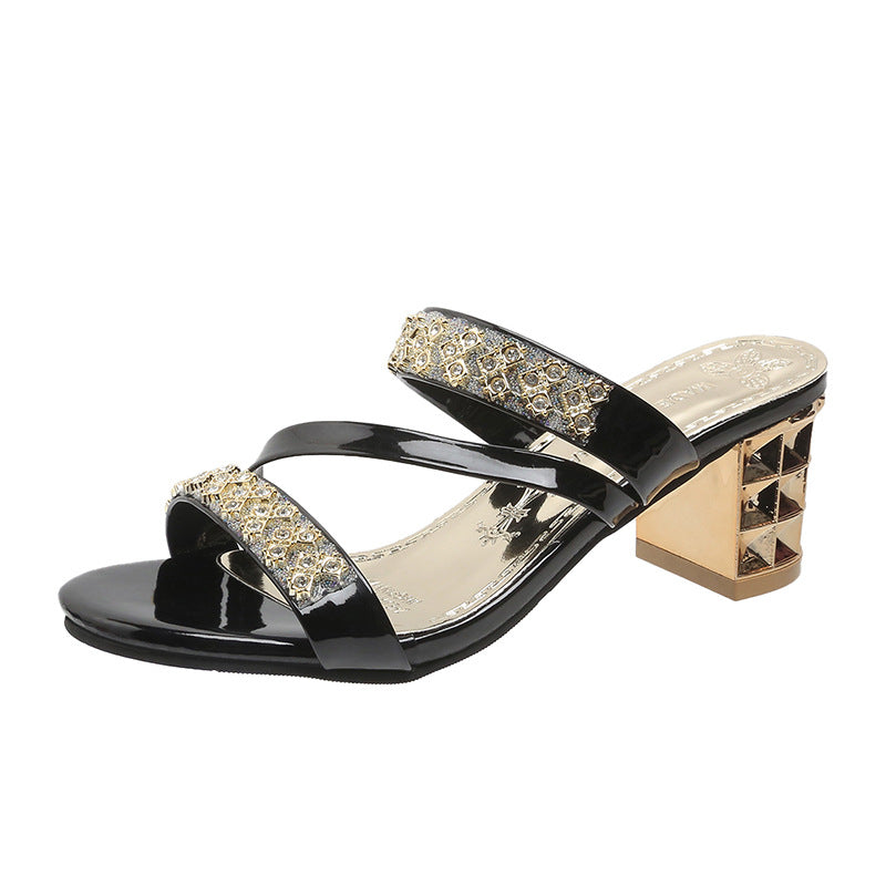 Sandaler med blokkhæl for kvinner med utsmykning av rhinestone
