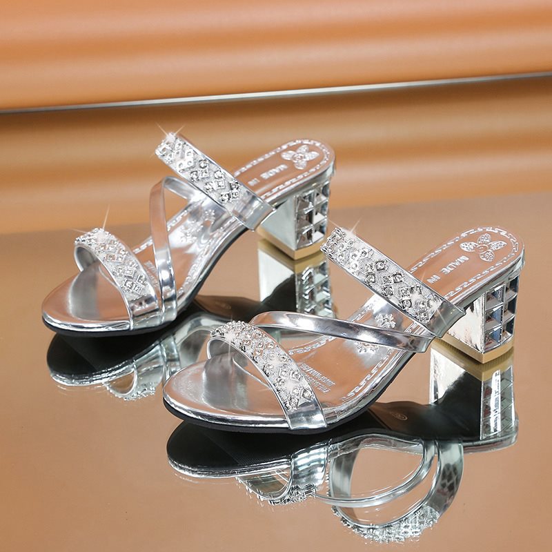 Sandaler med blokkhæl for kvinner med utsmykning av rhinestone
