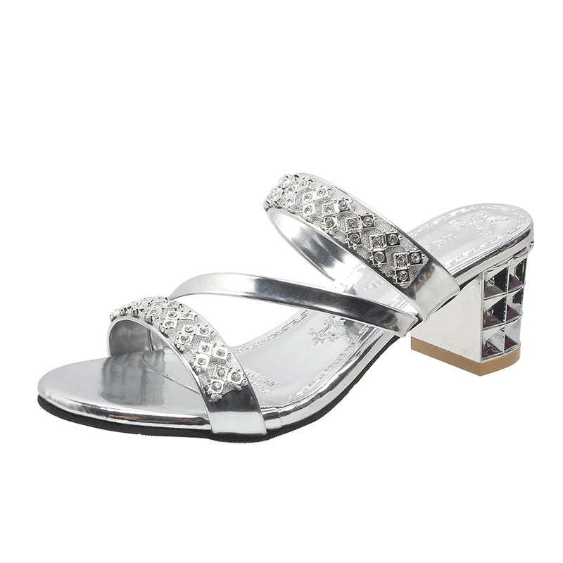 Sandaler med blokkhæl for kvinner med utsmykning av rhinestone