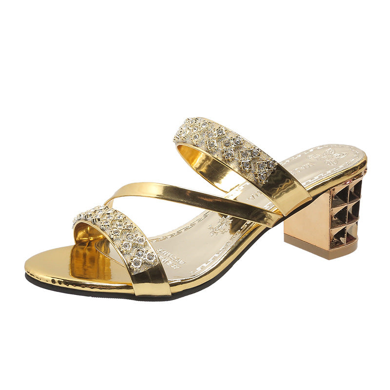 Sandaler med blokkhæl for kvinner med utsmykning av rhinestone