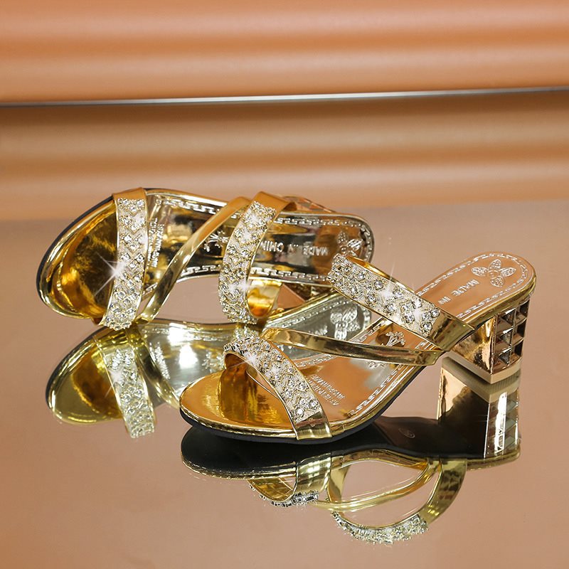 Sandaler med blokkhæl for kvinner med utsmykning av rhinestone