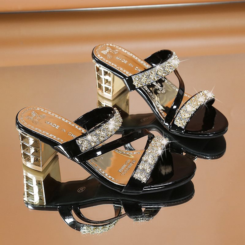 Sandaler med blokkhæl for kvinner med utsmykning av rhinestone