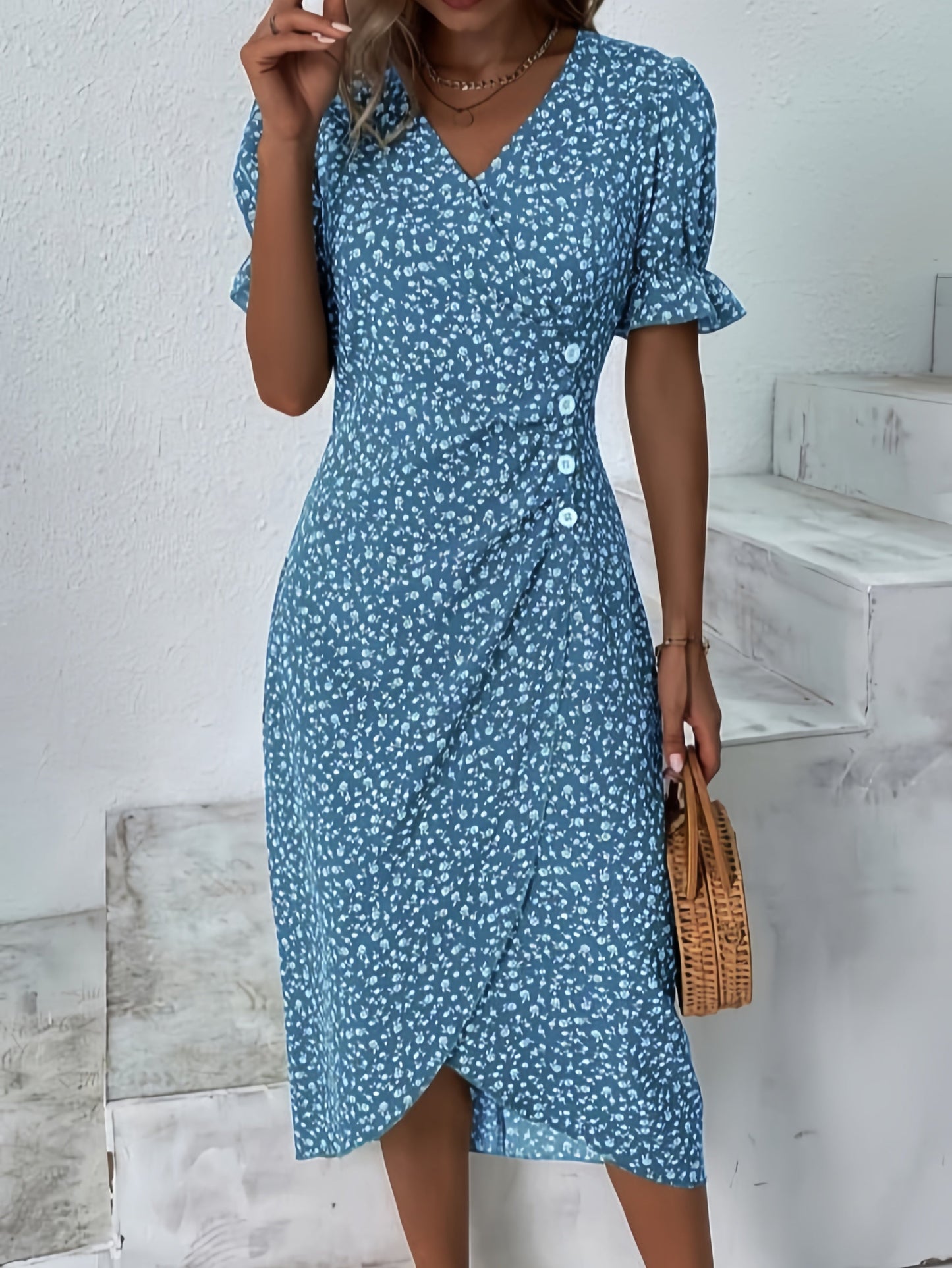 🌷Forhåndssalg linse 49% KORTING🍃Dames casual jurk wikkeljurk bloemenjur