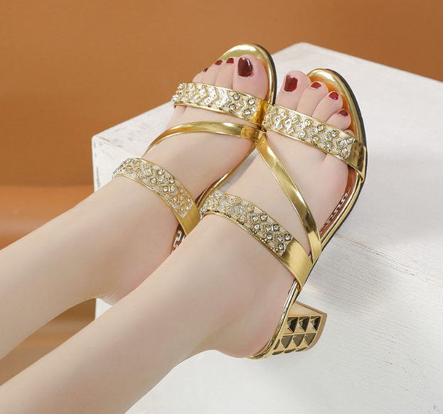 Sandaler med blokkhæl for kvinner med utsmykning av rhinestone