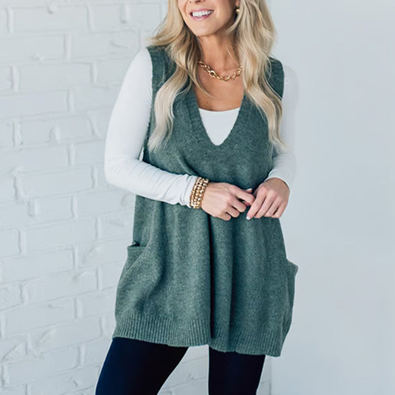 💕Sesongens begrensede tilbud 50% avslag💕Løs passform V-hals lomme Cardigan Tank Top for damer