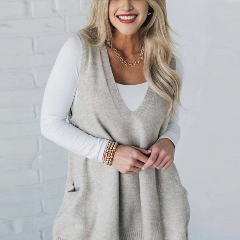 💕Sesongens begrensede tilbud 50% avslag💕Løs passform V-hals lomme Cardigan Tank Top for damer