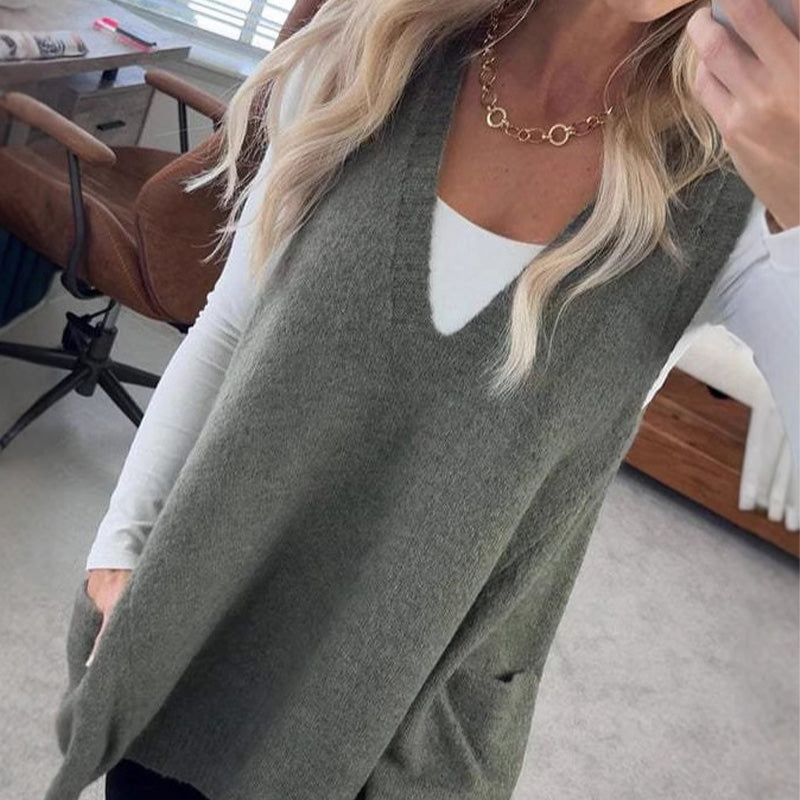 💕Sesongens begrensede tilbud 50% avslag💕Løs passform V-hals lomme Cardigan Tank Top for damer
