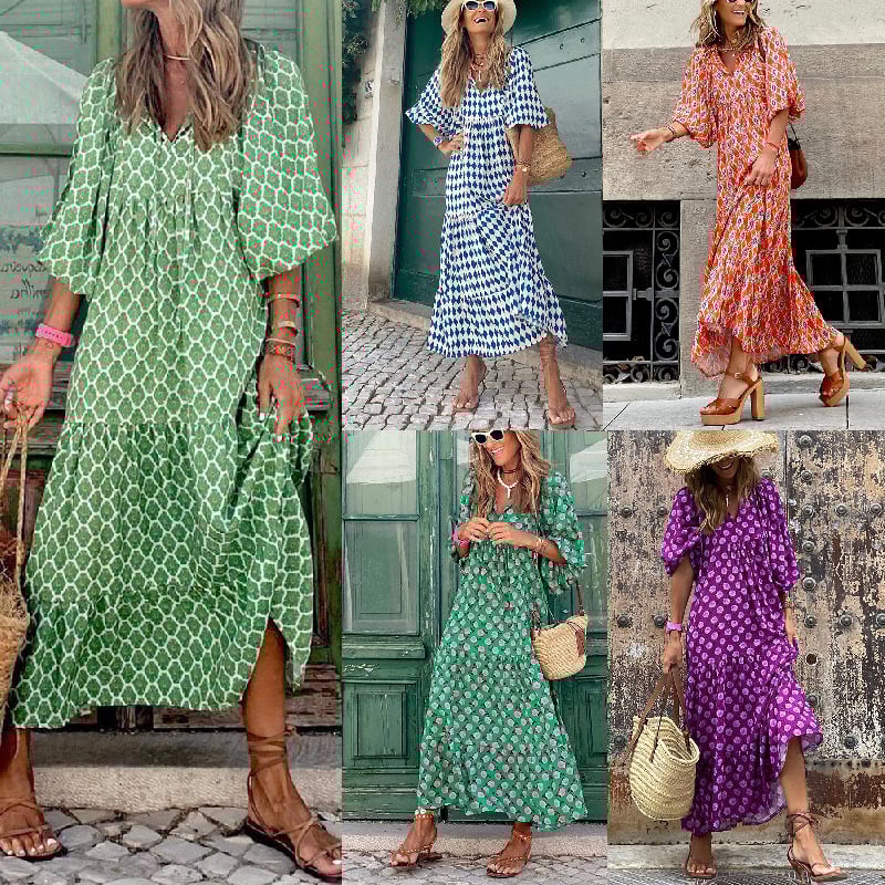 🌸Sommerspesialtilbud🌸Elegant maxi-kjole med puffermmer og blomstermønster i boho-stil for kvinner
