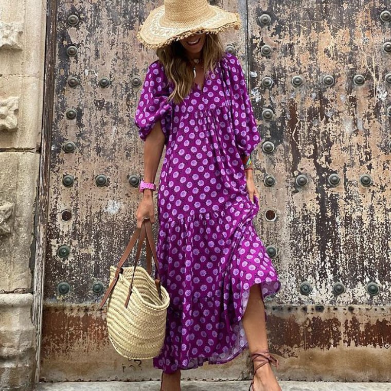 🌸Sommerspesialtilbud🌸Elegant maxi-kjole med puffermmer og blomstermønster i boho-stil for kvinner