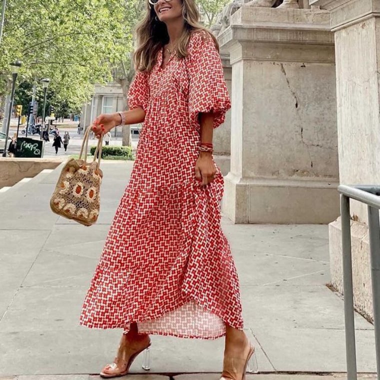 🌸Sommerspesialtilbud🌸Elegant maxi-kjole med puffermmer og blomstermønster i boho-stil for kvinner