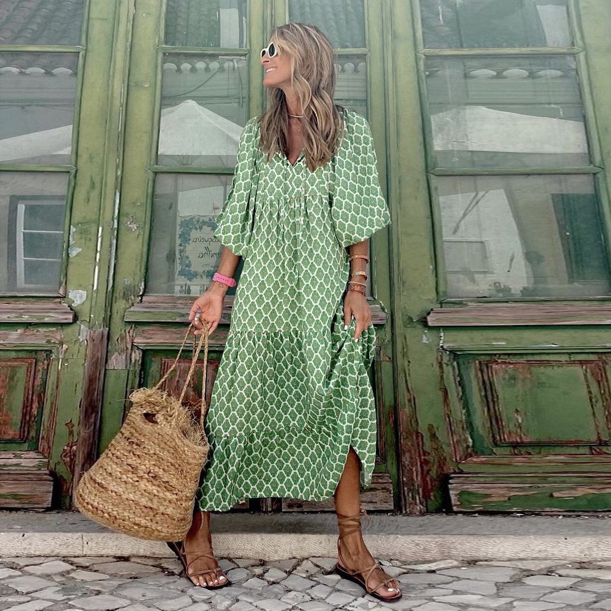 🌸Sommerspesialtilbud🌸Elegant maxi-kjole med puffermmer og blomstermønster i boho-stil for kvinner