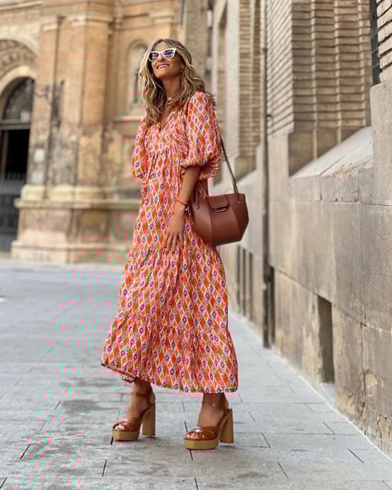 🌸Sommerspesialtilbud🌸Elegant maxi-kjole med puffermmer og blomstermønster i boho-stil for kvinner