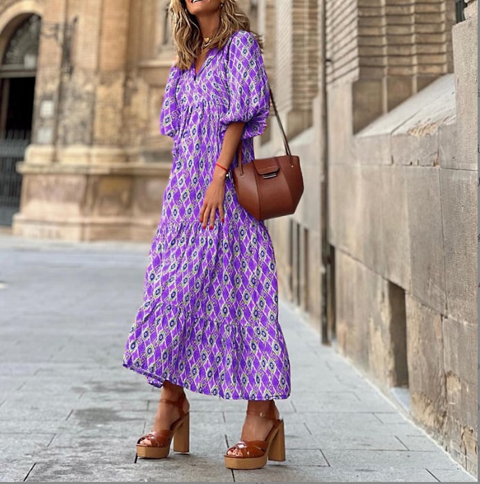 🌸Sommerspesialtilbud🌸Elegant maxi-kjole med puffermmer og blomstermønster i boho-stil for kvinner