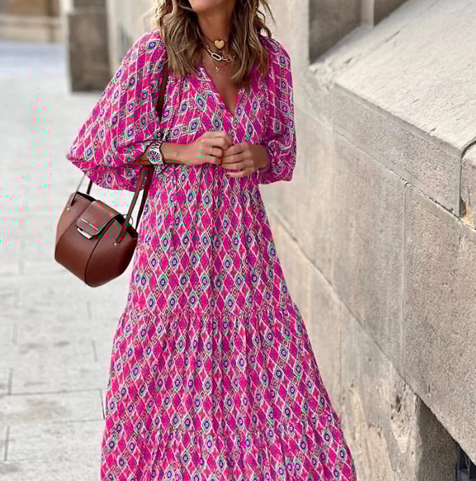 🌸Sommerspesialtilbud🌸Elegant maxi-kjole med puffermmer og blomstermønster i boho-stil for kvinner