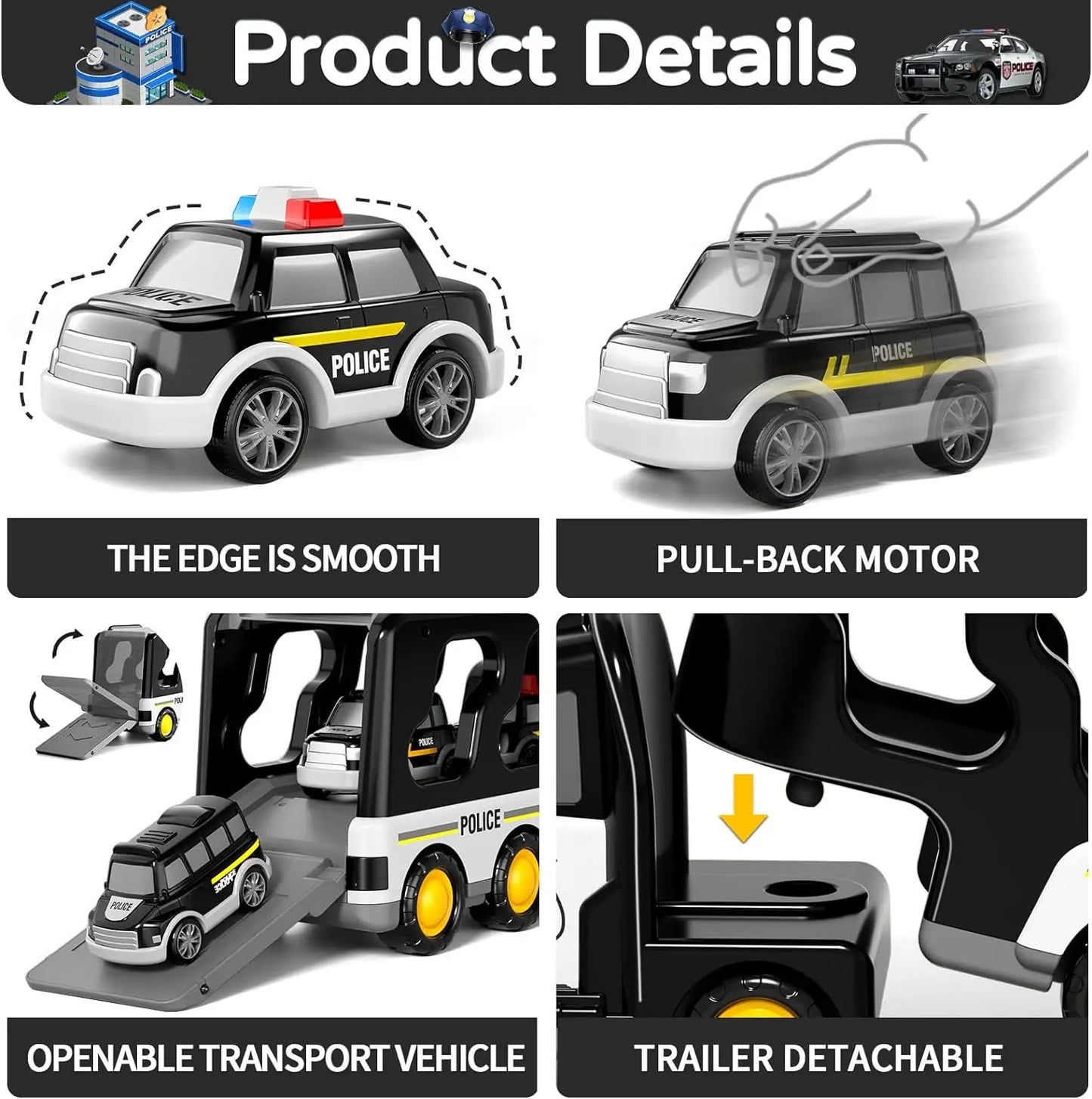 Politibil-leketøy for småbarn 7-i-1 bil med friksjonsmotor Leketøybil Julegave til gutter og jenter i alderen 3–5 år
