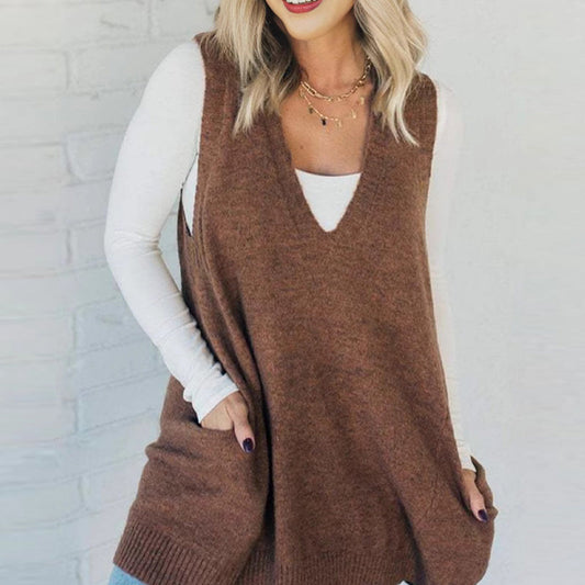 💕Sesongens begrensede tilbud 50% avslag💕Løs passform V-hals lomme Cardigan Tank Top for damer