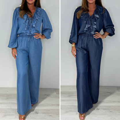 💙Siste dags salg, 50% avslag 🥰Lagdelt langermet topp og bukser med vide ben for kvinner