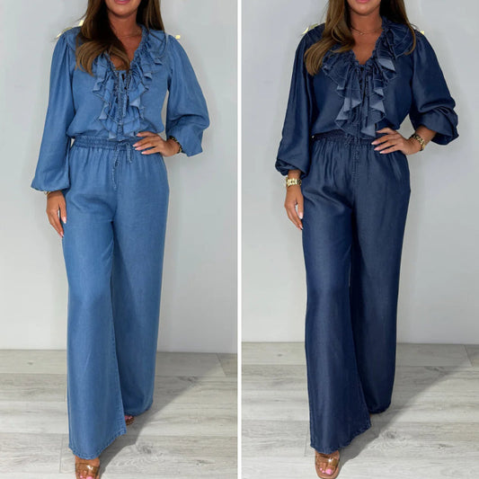 💙Siste dags salg, 50% avslag 🥰Lagdelt langermet topp og bukser med vide ben for kvinner
