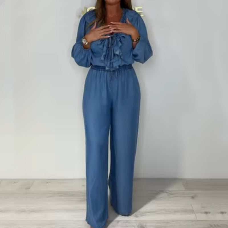 💙Siste dags salg, 50% avslag 🥰Lagdelt langermet topp og bukser med vide ben for kvinner