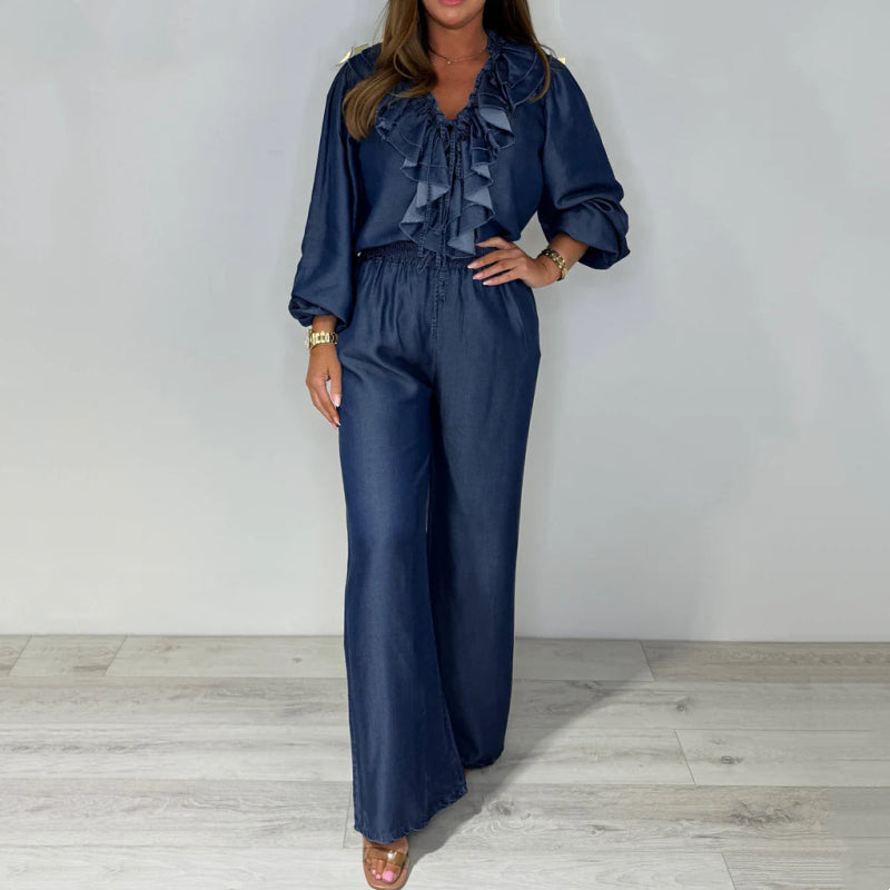💙Siste dags salg, 50% avslag 🥰Lagdelt langermet topp og bukser med vide ben for kvinner