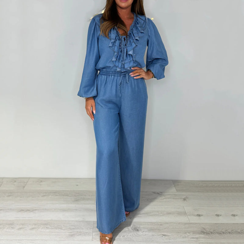 💙Siste dags salg, 50% avslag 🥰Lagdelt langermet topp og bukser med vide ben for kvinner