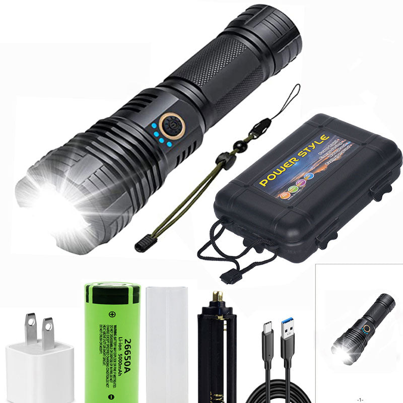 Sett med superlyse, vanntette, oppladbare lommelykter med zoom