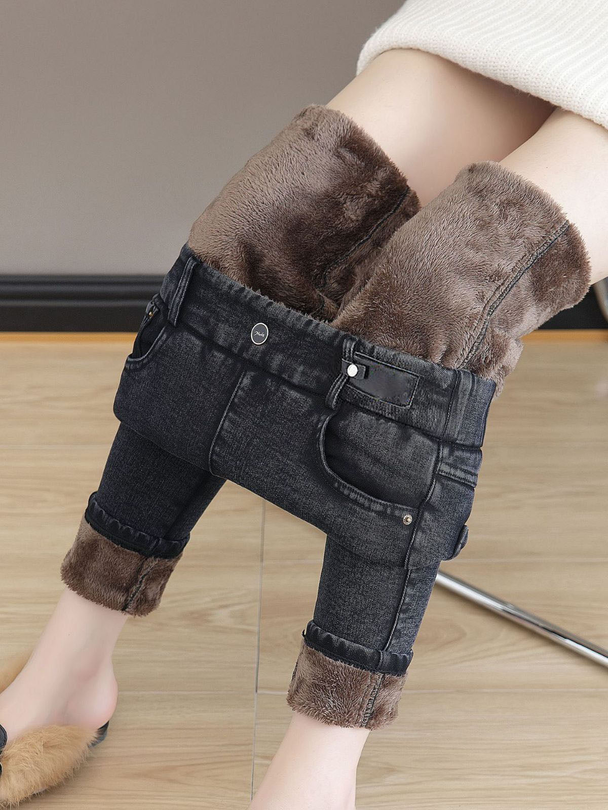 Høyt liv, smal passform, varm skinny jeans for kvinner