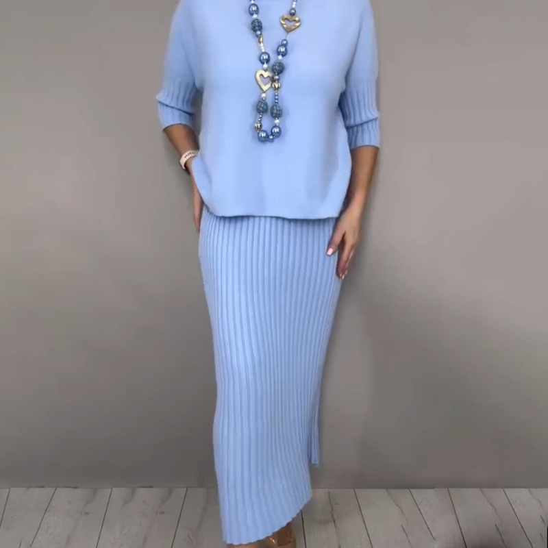 Elegant strikket genser og midiskjørt, 2-delt sett