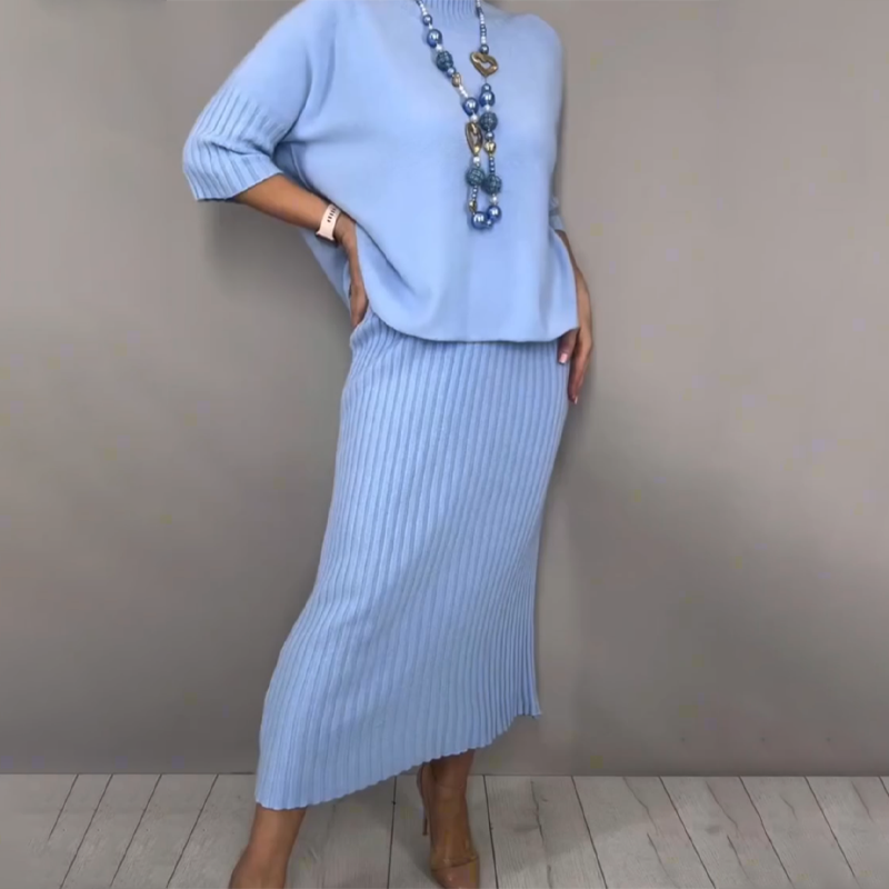 Elegant strikket genser og midiskjørt, 2-delt sett