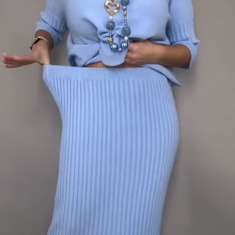 Elegant strikket genser og midiskjørt, 2-delt sett