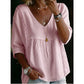 👚 50% הנחה עכשיו! 🕊️ חולצת נשים קז'ואלית עם צווארון V וקישוט תחרה ✨