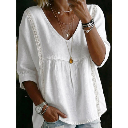 👚 50% הנחה עכשיו! 🕊️ חולצת נשים קז'ואלית עם צווארון V וקישוט תחרה ✨